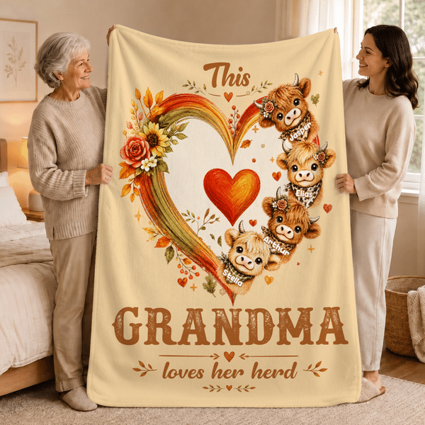Personalised Multicolour Heart 1-8 Highland Cows Soft Throw Blanket with Name Home Decor Birthday Gift for Mum Gran
