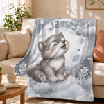 Personalized Wolf Pup Soft Throw Blanket with Name Home Decor Baby Shower Birthday Gift for Newborn Parent