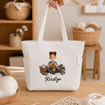 Personalized Yarn Knitting Cartoon Character Zippered Corduroy  Tote Bag with Name Daily Use Birthday Gift for Knitting Lovers Women