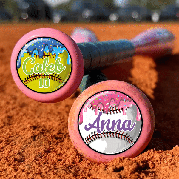 Personalised Softball & Baseball Bat Knob Stickers Set of 5 Drip Donut Design with Name and Number Bat and Decals Team Sports Gift for Players