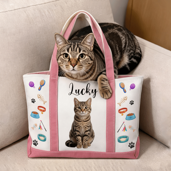 Personalized Cartoon 3D-Effect Artwork Pet Portrait Large Capacity Canvas Tote Bag with Name Daily Use Anniversary Birthday Gift for Pet Owner