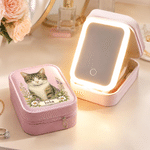 Gepersonaliseerd sieradendoosje van PU-leer met aquarelfoto, naam en een LED-make-upspiegel met drie instelbare kleuren – verjaardagscadeau voor vrouwelijke vrienden