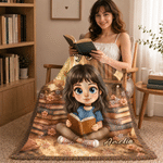 Personalised Retro Style Q-Version Character Photo Soft Tassel Throw Blanket with Name Home Decoration Birthday Reading Gift for Bookworms Book Lovers