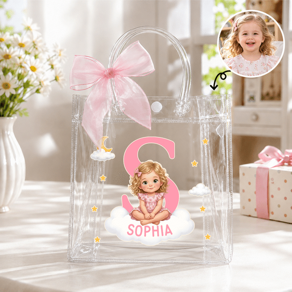 Personalised Picture Book Style Cartoon Kid Character Photo Clear Gift Bag with Name and Bow Daily Use Birthday Gift for Kids
