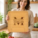 Personalized Engraved Engraved Initial Name Bamboo Cutting Board with Drawer Housewarming Wedding Anniversary Gift for Couple Family