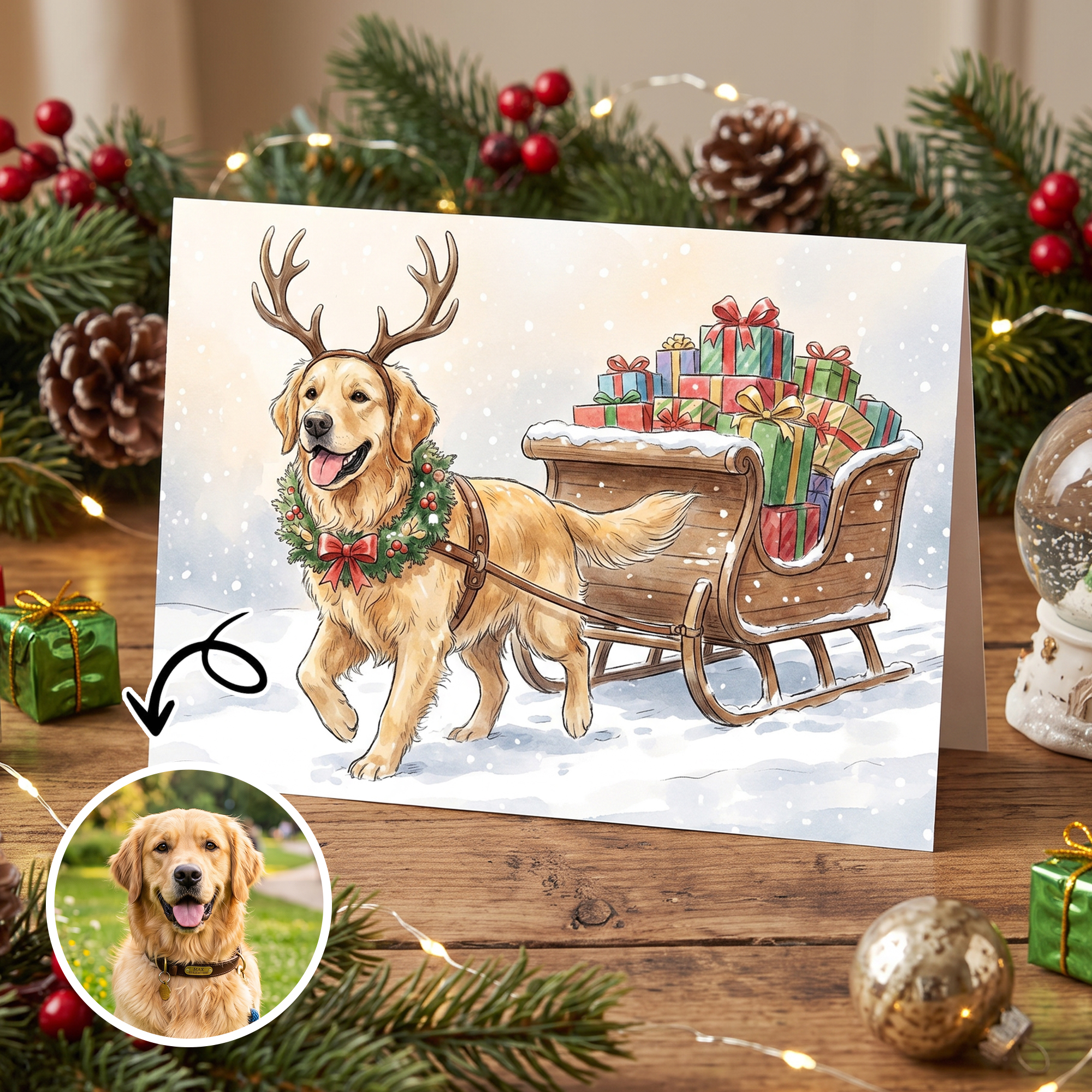 Personalisierte Grußkarte im Aquarellstil mit Haustierfoto und Weihnachtsmotiv, mit Text – Weihnachts- und Neujahrsgeschenk für Familie, Freunde, Haustierbesitzer und Liebhaber