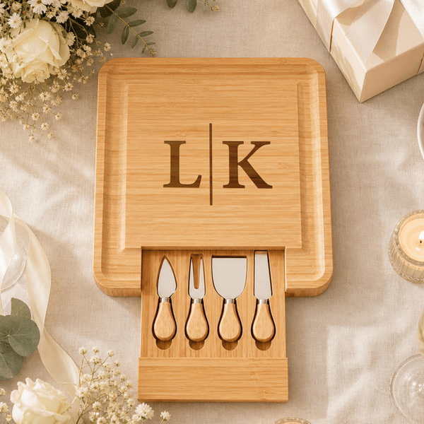 Personalized Engraved Engraved Initial Name Bamboo Cutting Board with Drawer Housewarming Wedding Anniversary Gift for Couple Family