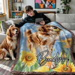 Personalized Watercolor Pet Photo Flower Tassel Soft Throw Blanket with Name Home Decor Birthday Memorial Gift for Pet Lover