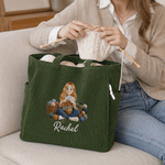 Personalized Yarn Knitting Cartoon Character Zippered Corduroy  Tote Bag with Name Daily Use Birthday Gift for Knitting Lovers Women