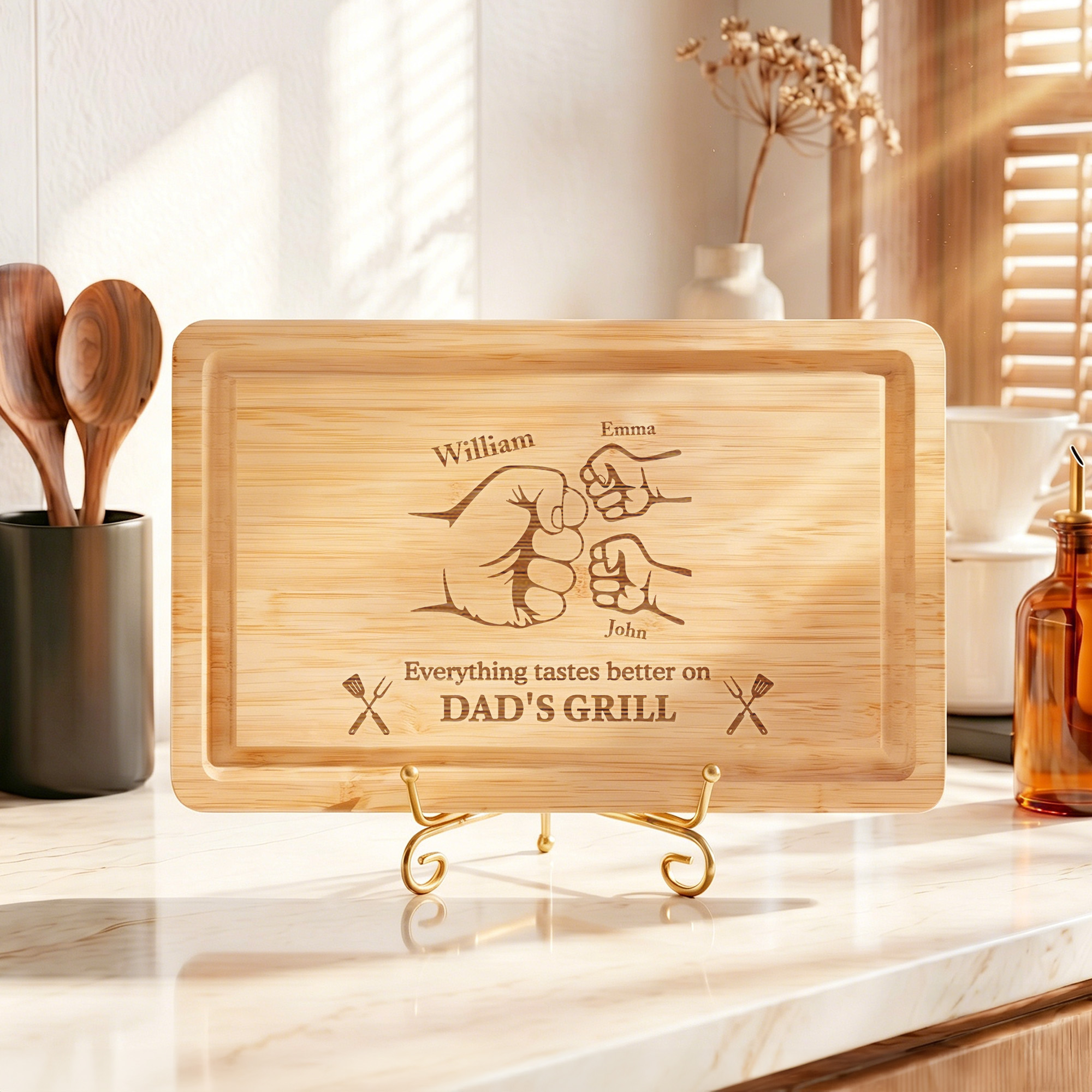 Personalisiertes „Dad’s Grill“-Schneidebrett aus FSC-zertifiziertem Bambus mit eingraviertem „Fist Bump“-Motiv und Namen – Hergestellt in den USA – Geschenk zum Vatertag, zur Einweihung oder zum Gebur