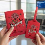 Personalized Wisdom & Patience Retro Birth Flower PU Leather Passport Holder Luggage Tag Set with Name Travel Essential Birthday Gift for Travel Lover