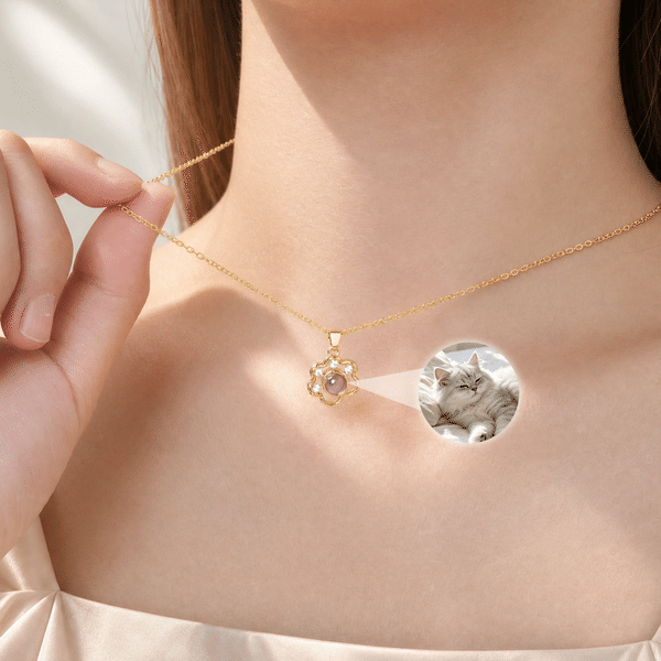 Personalized Pet Paw Print Photo Projection Necklace Dainty Jewelry Anniversary Memorial Gift for Pet Owners Lovers