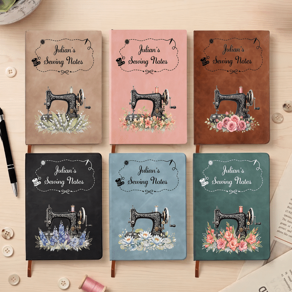 Personalised Multicolour Birth Flower Sewing Machine A5 Journal Notebook with Name and Text Daily Use Birthday Anniversary Gift for Sewing Lover Woman