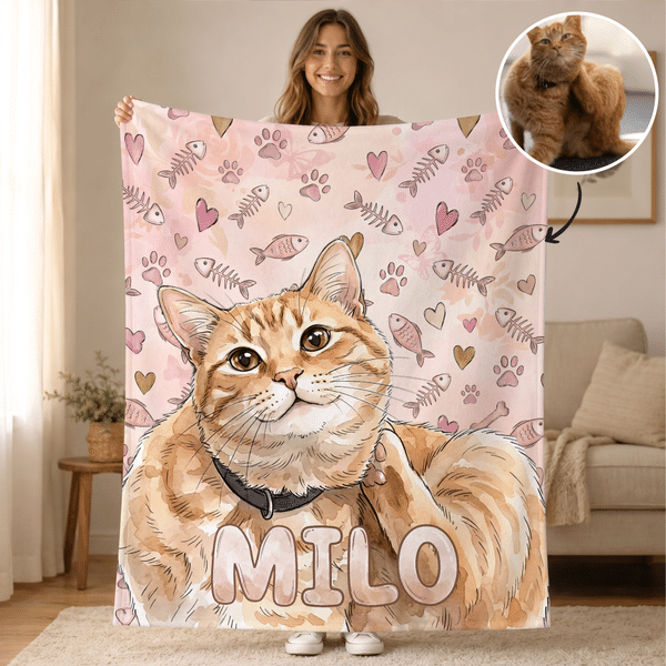 Personalized Watercolor Fish Bone Pet Photo Soft Throw Blanket with Name Home Decor Birthday Pet Adoption Anniversary Gift for Pet Owner Lover