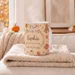 Gepersonaliseerde herfstmok met esdoornblad en pompoenmotief, 11 oz en 15 oz, van keramiek, met naam en tekst – dankdag- of verjaardagscadeau voor familie of vrienden