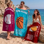 Toalla de playa personalizada de fútbol baloncesto y tenis con nombre y número regalo de fiestas de verano en la playa para los amantes del deporte