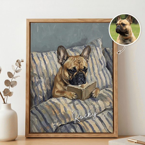 Personalised Oil Painting Style Pet Reading in Bed Photo Canvas Prints with Text Home Decor Housewarming Birthday Gift for Pet Lovers
