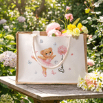 Personalized Cute Ballet Bear Birth Flower Jute Canvas Tote Bag with Name Ballet Training Birthday Gift for Ballet Lovers Girls