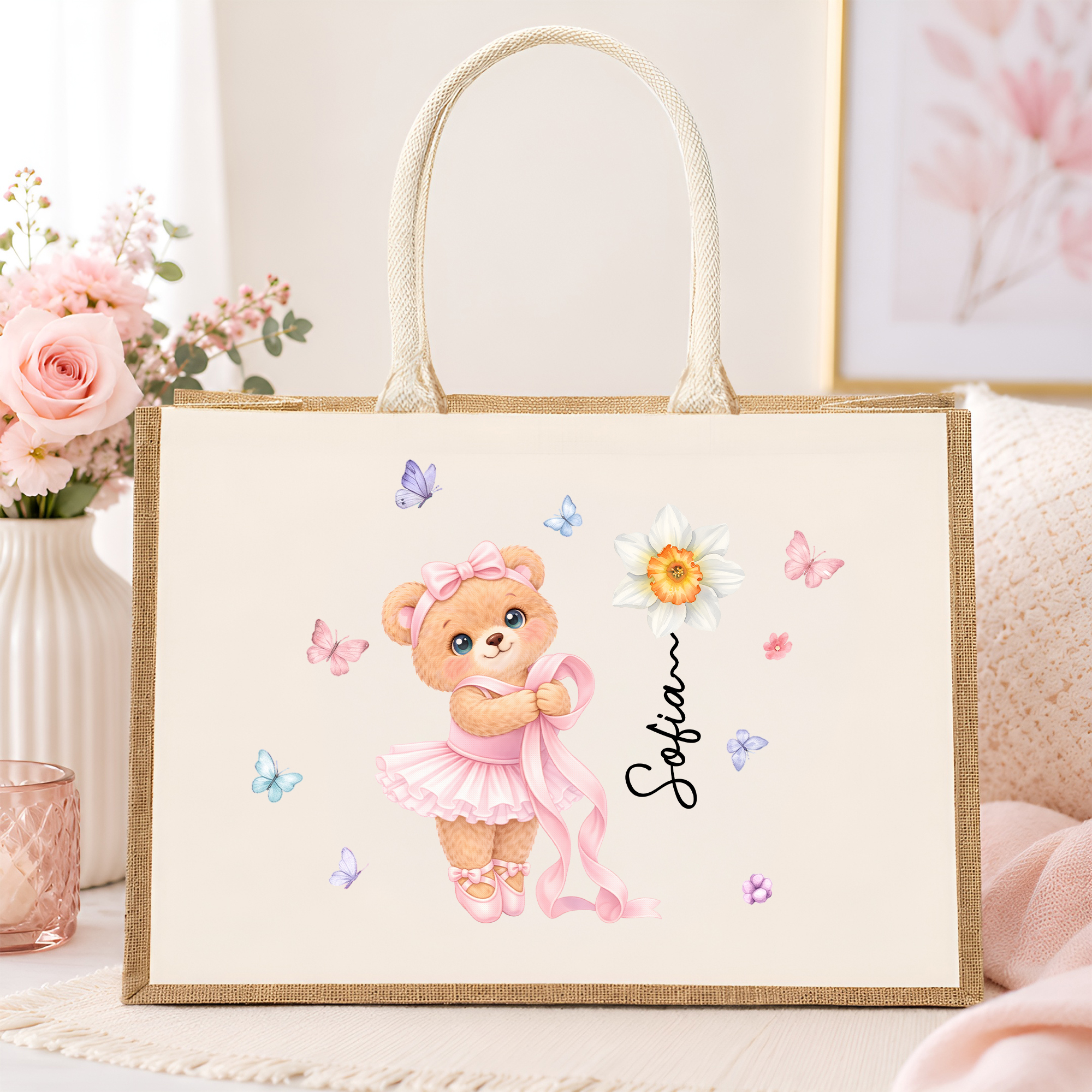 Personalisierte, niedliche Jute-Tragetasche aus Canvas mit Ballett-Bär, Geburtsblume und Namen – ein Geburtstagsgeschenk zum Balletttraining für Ballettbegeisterte Mädchen