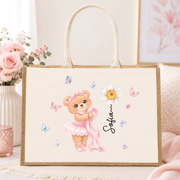 Personalized Cute Ballet Bear Birth Flower Jute Canvas Tote Bag with Name Ballet Training Birthday Gift for Ballet Lovers Girls
