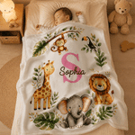 Coperta morbida personalizzata con simpatici motivi di scimmietta, giraffa, elefante e leone, con nome: decorazione per la cameretta, regalo per baby shower e compleanno, per bambino e bambina