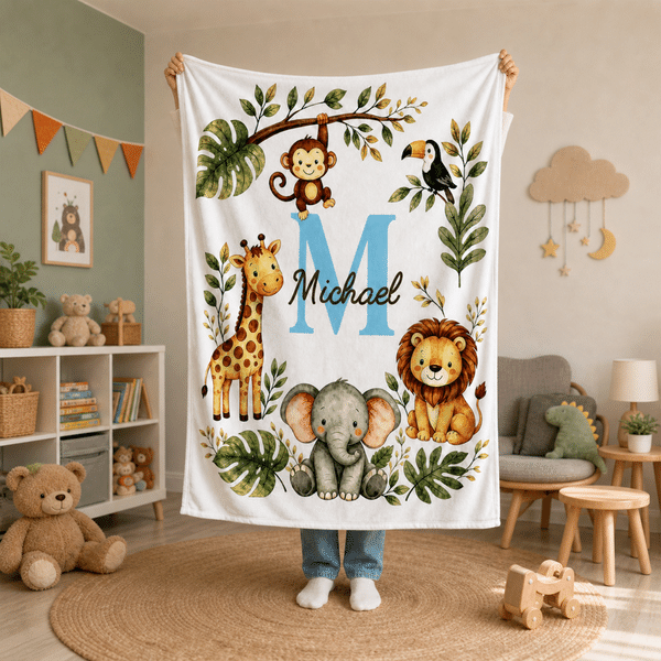 Coperta morbida personalizzata con simpatici motivi di scimmietta, giraffa, elefante e leone, con nome: decorazione per la cameretta, regalo per baby shower e compleanno, per bambino e bambina