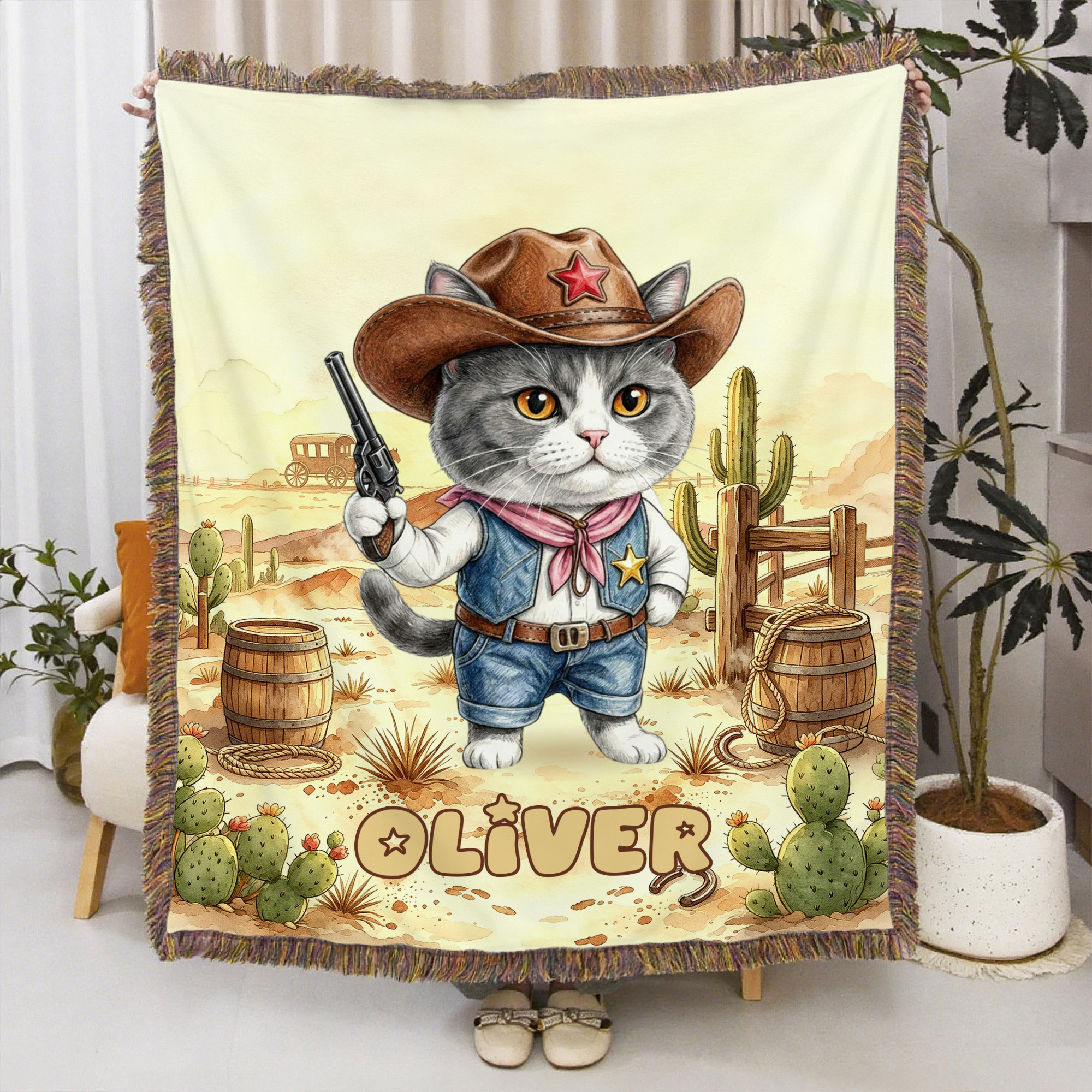 Individuell gestaltete 3D-Effekt-Decke im Cowboy-Cartoon-Stil mit Quasten, Namen und Foto – Wohnaccessoire und Geburtstagsgeschenk für Tierhalter und Tierfreunde