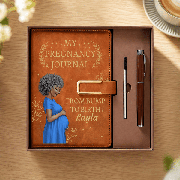 Personalised Pregnant Mum Character PU Leather A5 Journal Notebook with Name Daily Office Use Baby Shower Gift for Expecting Mother