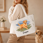 Personalised Cute Pet Running Photo Large Capacity Corduroy Tote Bag with Name Daily Use Birthday Gift for Pet Lovers Owners