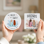 Posavasos de cerámica personalizados con dibujo de dibujos animados: «Mejor amigo», vista trasera, forma cuadrada o redonda, con nombres y texto. Regalo de amistad, de cumpleaños o «porque sí» para lo