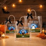 Sac cadeau transparent personnalisé sur le thème d'Halloween, orné d'un personnage de dessin animé, avec prénom et nœud noir – Cadeau d'Halloween « Trick or Treat » pour les enfants