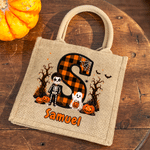 Personalized Halloween Ghost Pumpkin Checkered Initial Large Capacity Jute Bag with Name Halloween Party Trick or Treat Activity Gift for Kids
