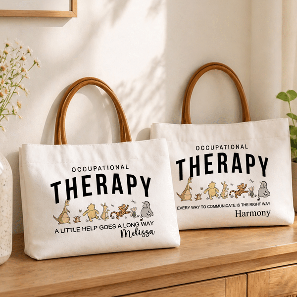 Personalized Classic Winnie the Pooh Occupational Therapy Large Canvas Tote Bag with Text and Name Daily Use Birthday Gift for Occupational Therapist