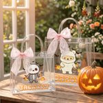 Personalized Halloween Theme Cartoon Bear Clear Gift Bag with Name and Bow Ribbon Trick or Treat Halloween Gift for Kids
