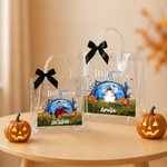 Sac cadeau transparent personnalisé sur le thème d'Halloween, orné d'un personnage de dessin animé, avec prénom et nœud noir – Cadeau d'Halloween « Trick or Treat » pour les enfants