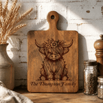 Personalized Highland Cow Reversible Wooden Cheese Charcuterie Cutting Board with Text and Handle Housewarming Birthday Gift for Family
