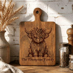 Personalized Highland Cow Reversible Wooden Cheese Charcuterie Cutting Board with Text and Handle Housewarming Birthday Gift for Family