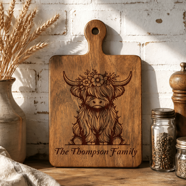 Personalized Highland Cow Reversible Wooden Cheese Charcuterie Cutting Board with Text and Handle Housewarming Birthday Gift for Family
