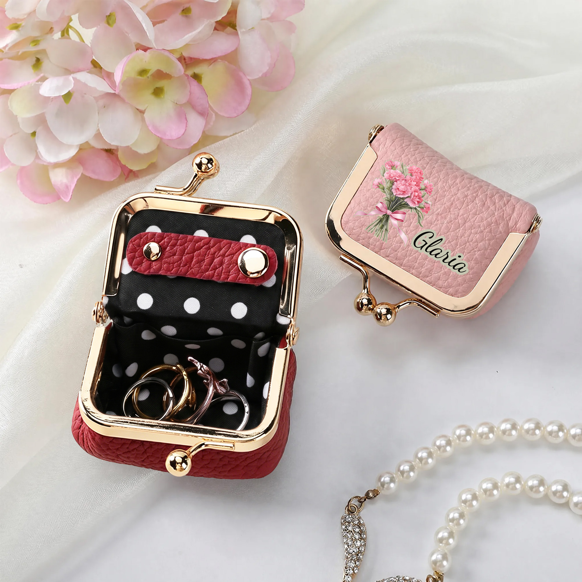 Personalisierte mini-Schmuckschatulle aus Leder | mit Geburtsblumen-Strauß und Namen | im Vintage-Stil | Reise Geburtstag Geschenk für Frauen