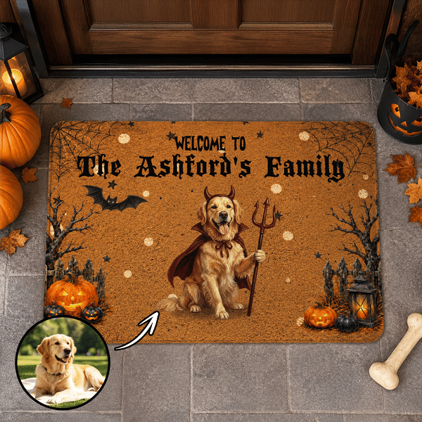 Personalised Welcome To My Family Doormat with 1-3 Pet Photos and Title Home Decoration Halloween Gift for Family Pet Lover