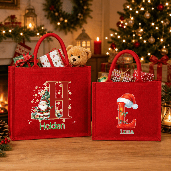 Personalized Christmas Theme Initial Large Capacity Red Jute Tote Bag with Name Christmas Party Gift for Children Family Friends