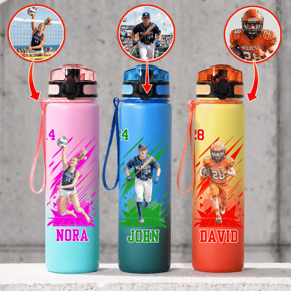 Personalised Watercolor Sports Photo 34 oz Motivational Sport Water Bottle with Name and Number Outdoor Use Anniversary Birthday Gift for Athlete