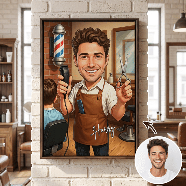 Stampe su tela personalizzate con personaggi dei cartoni animati in stile barbiere, con nome – Decorazioni per la casa – Spedizione dagli Stati Uniti – Regalo di compleanno o per l’inaugurazione di un