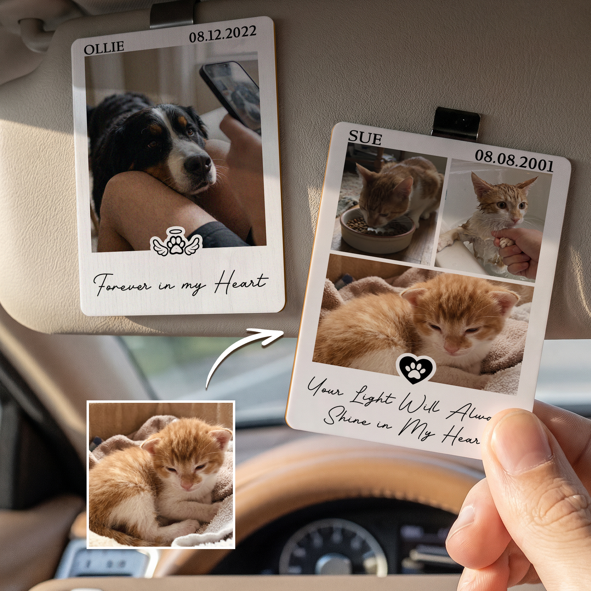 Personalisierter Bilderrahmen aus Holz für 1–9 Haustierfotos mit Clip für die Sonnenblende im Auto, mit Namen und Datum – Autozubehör, Gedenk- und Beileidsgeschenk für Tierliebhaber