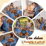 Gepersonaliseerde zachte deken met huisdierfoto in olieverfstijl en naam perfect als woondecoratie voor huisdierliefhebbers