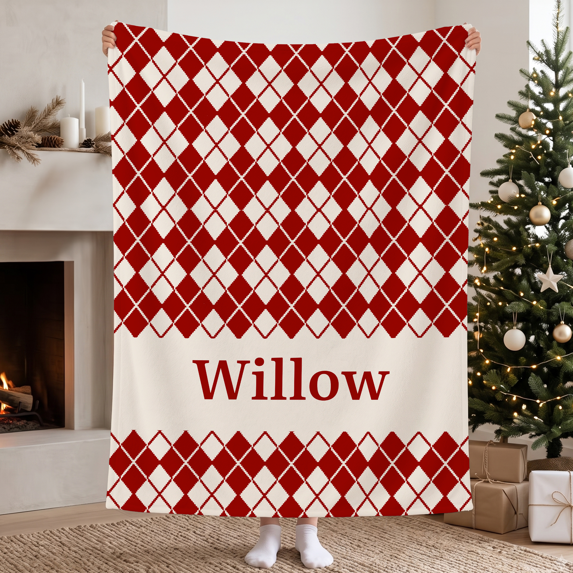 Personalisierte Argyle-Muster Kuscheldecke | mit Namen und Farbvarianten | Weihnachten Geburtstag Geschenk für Freunde und Familie