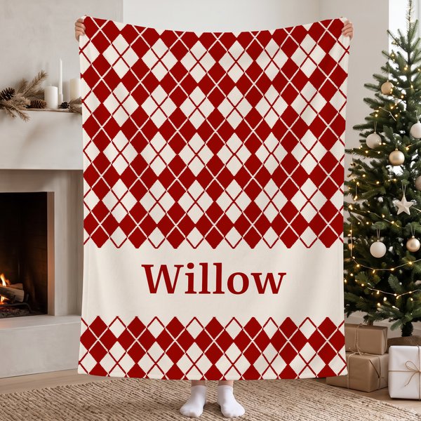 Personalized Colorful Argyle Pattern Soft Throw Blanket with Name Daily Use Christmas Birthday Gift for Kids Family