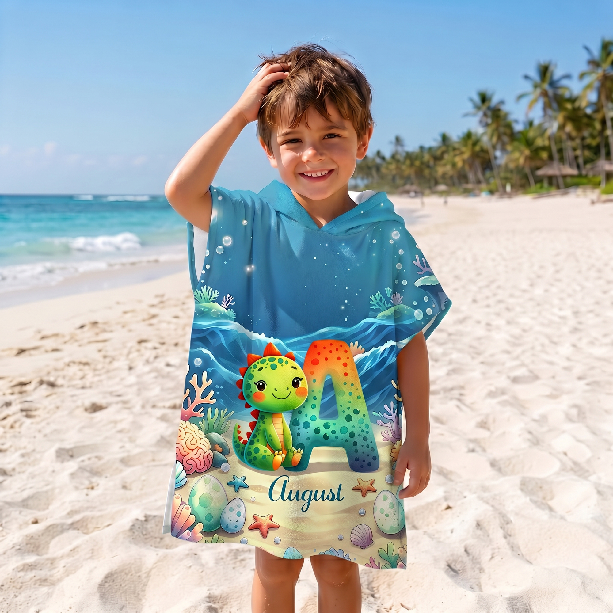 Personalisiertes, weiches Kinder-Strandtuch mit Kapuze im Dinosaurier- und Meerjungfrauen-Design, mit Namen und Initialen – Strandparty, Sommerurlaub, Geburtstagsgeschenk für Jungen und Mädchen