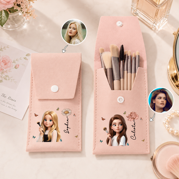 Personalised Birth Flower 3D Style Artwork Cartoon Photo Character PU Leather Makeup Bag with 8 Makeup Brushes Daily Use Birthday Gift for Woman