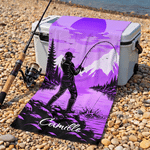 Personalised Fishing Silhouette Colourful Portable Quick Drying Outdoor Towel with Name and Lanyard Fishing Activities Birthday Gift for Men Women